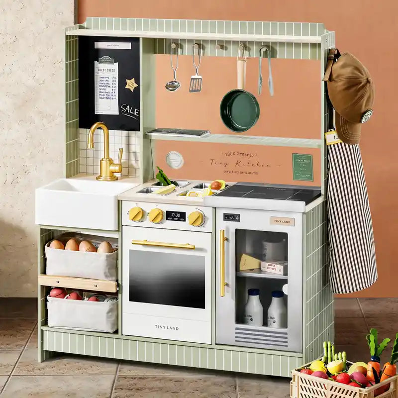 Tiny Land® BistroSwitch Play Kitchen – Green kitchen with sink, oven, fridge and staged play food