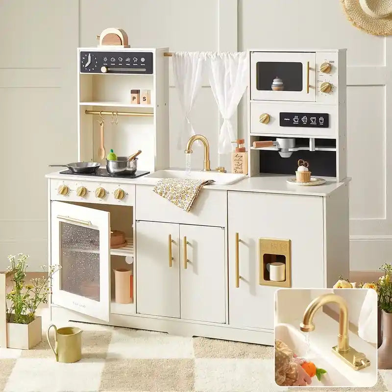 Tiny Land® Play Kitchen with Running Water - Iconic Aqua Kitchen in Cream – play kitchen feature view