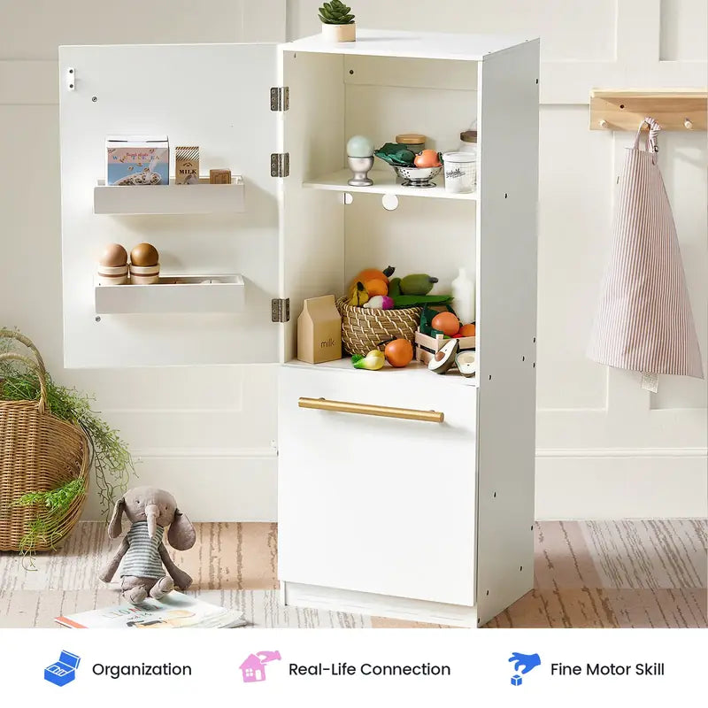 Tiny Land® Play Kitchen Accessories – Play Kitchen Fridge: Wooden Cabinet Refrigerator for Kids – Open fridge with door bins and shelves holding staged play food