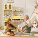 Tiny Land® Wooden Play Kitchen with Storage for Creative Toddlers – Two children with removable bins beside the Pale Yellow kitchen