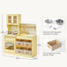 Tiny Land® Wooden Play Kitchen with Storage for Creative Toddlers – Pale Yellow dimension guide with cookware and a storage bin