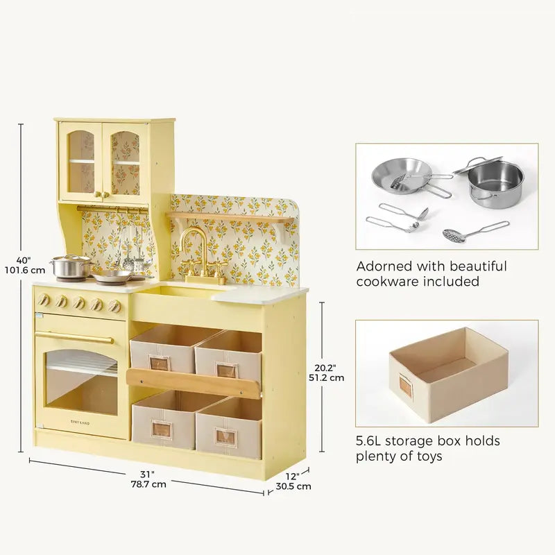 Tiny Land® Wooden Play Kitchen with Storage for Creative Toddlers – Pale Yellow dimension guide with cookware and a storage bin