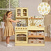 Tiny Land® Wooden Play Kitchen with Storage for Creative Toddlers – Child at the Pale Yellow kitchen with a floral-panel detail