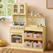 Tiny Land® Wooden Play Kitchen with Storage for Creative Toddlers – Pale Yellow kitchen with floral panels, four bins and staged play food