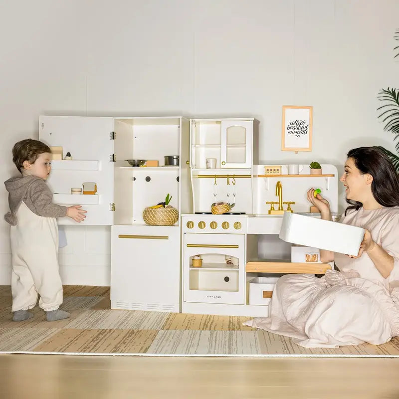 Tiny Land® Play Kitchen Accessories – Play Kitchen Fridge: Wooden Cabinet Refrigerator for Kids – Parent and child beside fridge and separately sold kitchen
