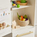 Tiny Land® Play Kitchen Accessories – Play Kitchen Fridge: Wooden Cabinet Refrigerator for Kids – Fridge shelf and door-bin close-up with staged play food