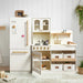 Tiny Land® Play Kitchen Accessories – Play Kitchen Fridge: Wooden Cabinet Refrigerator for Kids – White play fridge beside a separately sold Cream play kitchen