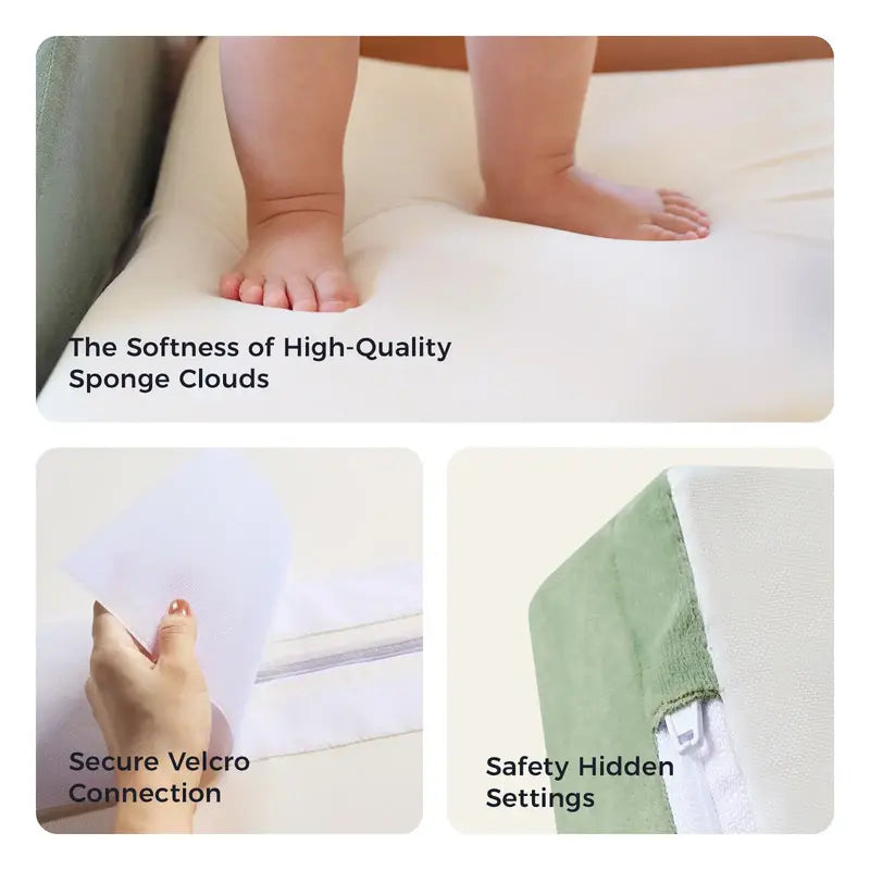 Tiny Land® PlayNest Climbing Blocks - Morandi – close-ups of foam compression, a joining strip and a concealed zipper