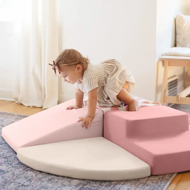 Tiny Land® PlayNest Climbing Blocks - Violet – child exploring a Violet ramp beside the stair block