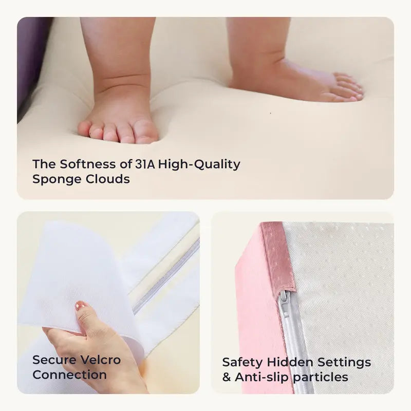 Tiny Land® PlayNest Climbing Blocks - Violet – close-ups of foam compression, a joining strip and the zipper area