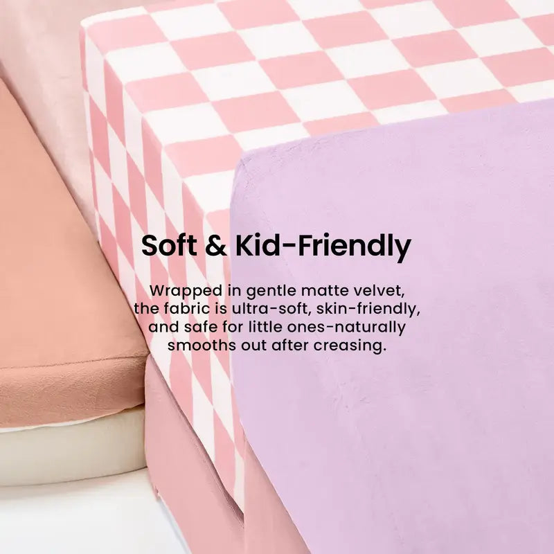 Tiny Land® PlayNest Climbing Blocks - Violet – close-up of the pink checkered and lavender fabric covers