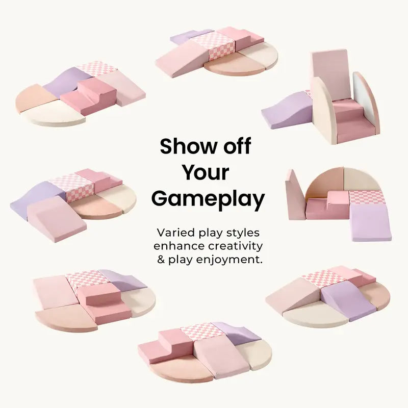 Tiny Land® PlayNest Climbing Blocks - Violet – collage of different arrangements using the six Violet foam pieces