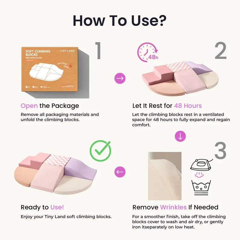 Tiny Land® PlayNest Climbing Blocks - Violet – unpacking and care diagram showing a 48-hour expansion period