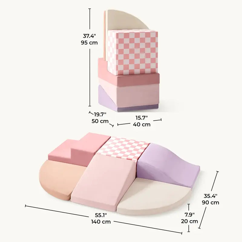 Tiny Land® PlayNest Climbing Blocks - Violet – dimension diagram of the Violet floor arrangement and stacked blocks