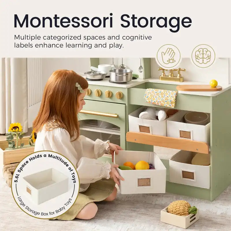 Tiny Land® Wooden Play Kitchen with Storage for Creative Toddlers – Child sorting a bin beside the Sage kitchen