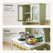 Tiny Land® Wooden Play Kitchen with Storage for Creative Toddlers – Sage upper cupboards and stovetop shown with staged props