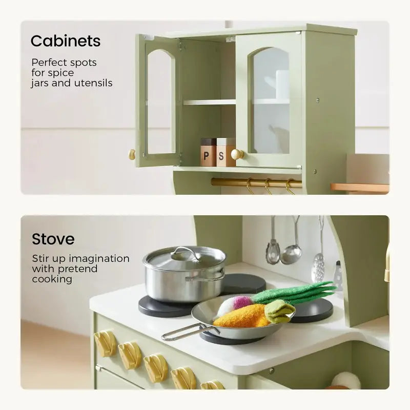 Tiny Land® Wooden Play Kitchen with Storage for Creative Toddlers – Sage upper cupboards and stovetop shown with staged props