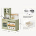 Tiny Land® Wooden Play Kitchen with Storage for Creative Toddlers – Sage kitchen dimension guide with cookware and a storage bin