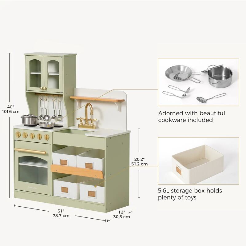 Tiny Land® Wooden Play Kitchen with Storage for Creative Toddlers – Sage kitchen dimension guide with cookware and a storage bin