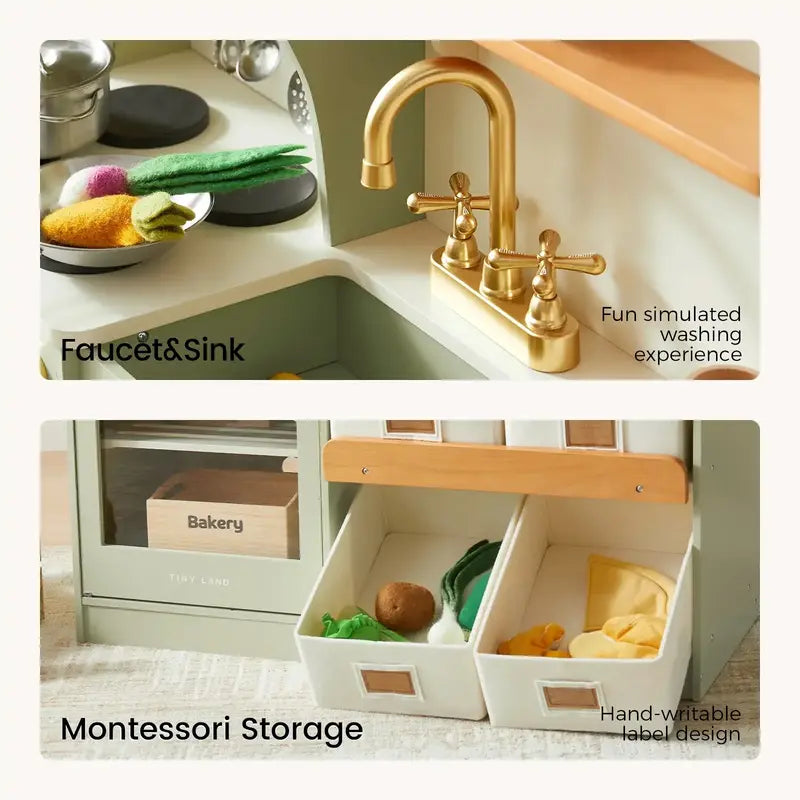 Tiny Land® Wooden Play Kitchen with Storage for Creative Toddlers – Sage pretend faucet and writable-label storage-bin details