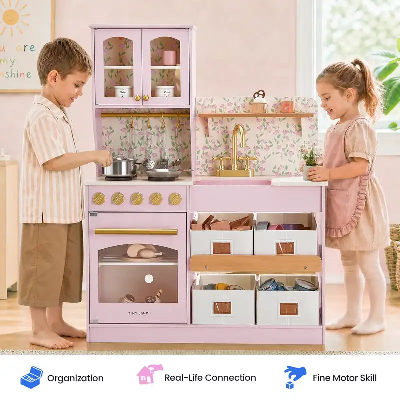 Tiny Land® Wooden Play Kitchen with Storage for Creative Toddlers – Two children pretending to cook at the Sakura Pink kitchen