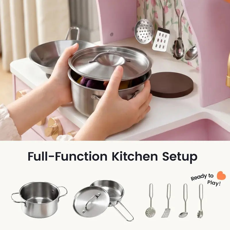 Tiny Land® Wooden Play Kitchen with Storage for Creative Toddlers – Sakura Pink cookware set with pot, lid, pan and four utensils