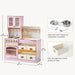 Tiny Land® Wooden Play Kitchen with Storage for Creative Toddlers – Sakura Pink dimension guide showing cookware and a storage bin