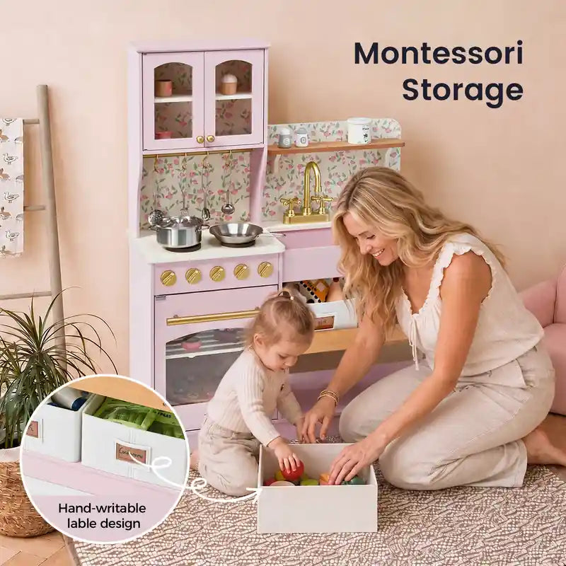 Tiny Land® Wooden Play Kitchen with Storage for Creative Toddlers – Parent and child sorting a bin beside the Sakura Pink kitchen