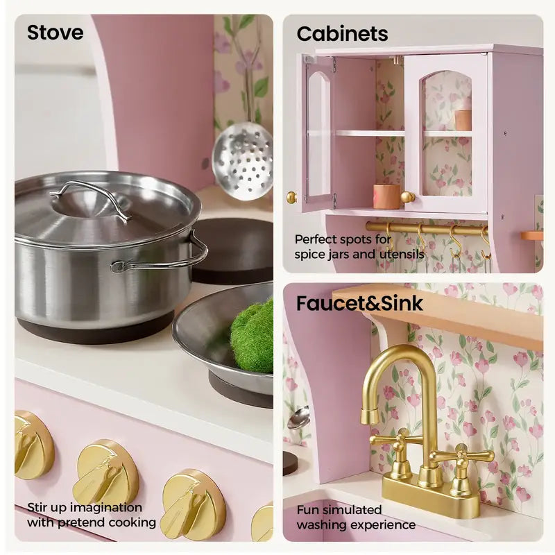 Tiny Land® Wooden Play Kitchen with Storage for Creative Toddlers – Sakura Pink collage of stove, upper cupboards and pretend sink