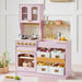 Tiny Land® Wooden Play Kitchen with Storage for Creative Toddlers – Sakura Pink kitchen with floral panels, cookware and four storage bins