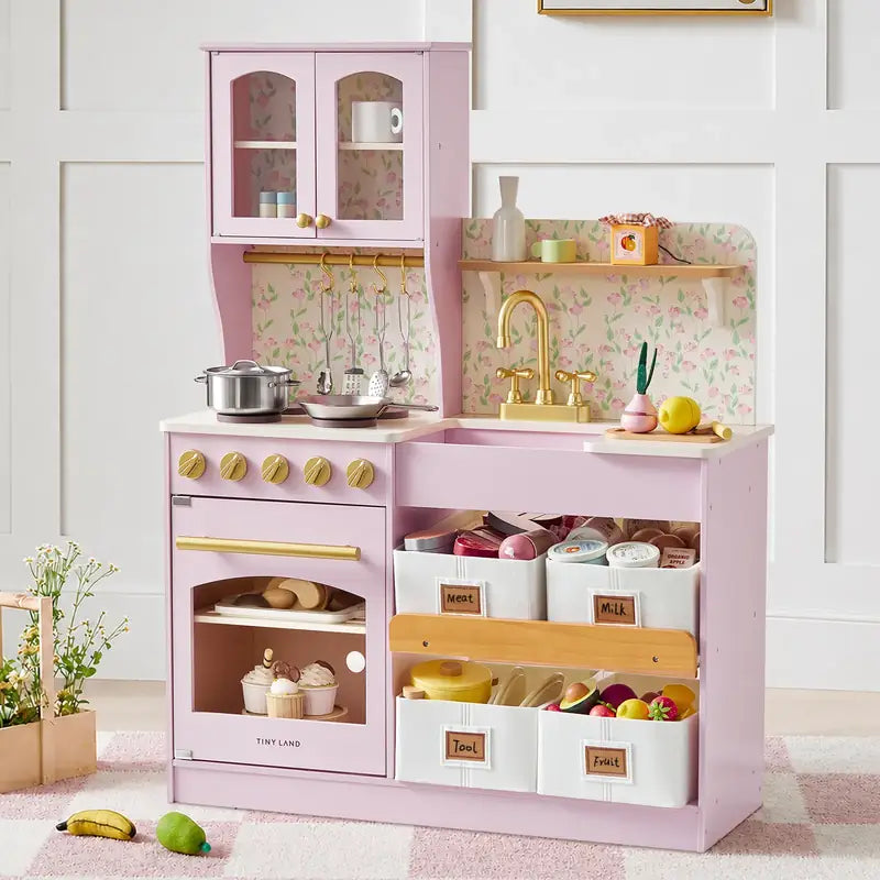 Tiny Land® Wooden Play Kitchen with Storage for Creative Toddlers – Sakura Pink kitchen with floral panels, cookware and four storage bins