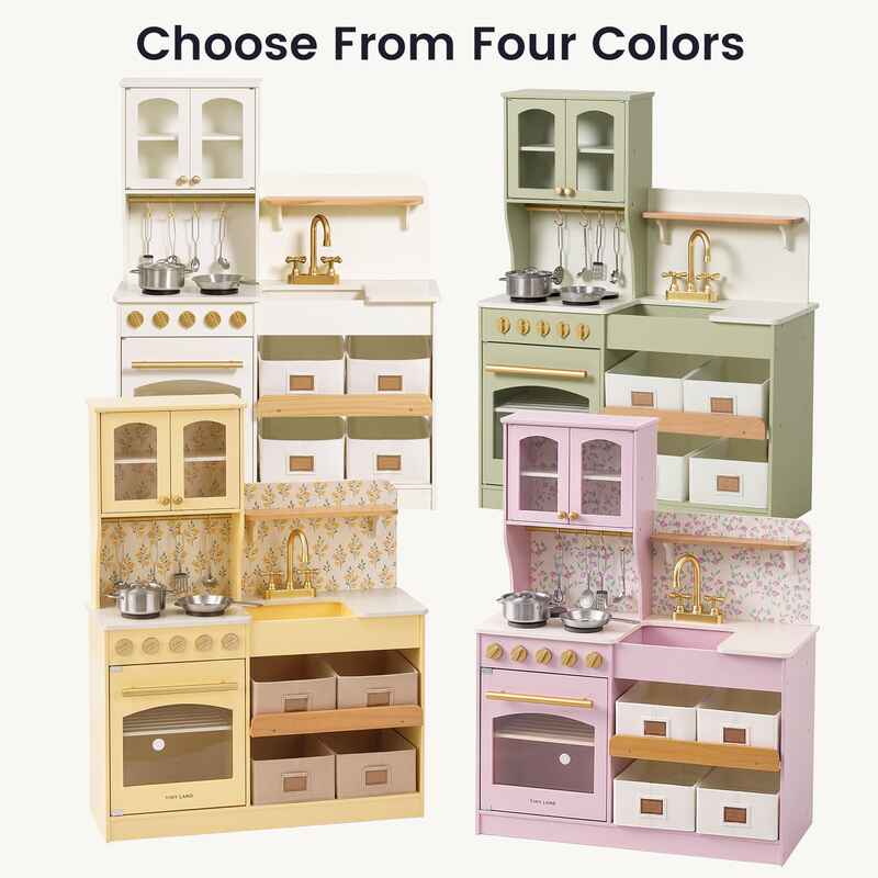 Tiny Land® Wooden Play Kitchen with Storage for Creative Toddlers – Storage kitchen colors: Cream, Sage, Pale Yellow and Sakura Pink