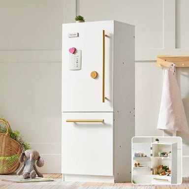 Tiny Land® Play Kitchen Accessories – Play Kitchen Fridge: Wooden Cabinet Refrigerator for Kids – White play fridge with gold-colored handles and magnetic decorations