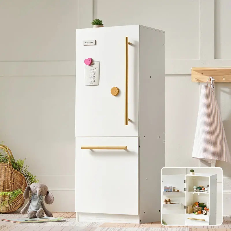 Tiny Land® Play Kitchen Accessories – Play Kitchen Fridge: Wooden Cabinet Refrigerator for Kids – White play fridge with gold-colored handles and magnetic decorations