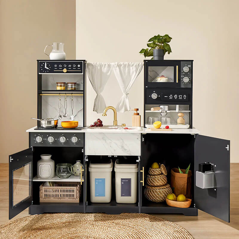 Play_kitchen_with_real_flow_water_system_black_front_view_open_cabinets