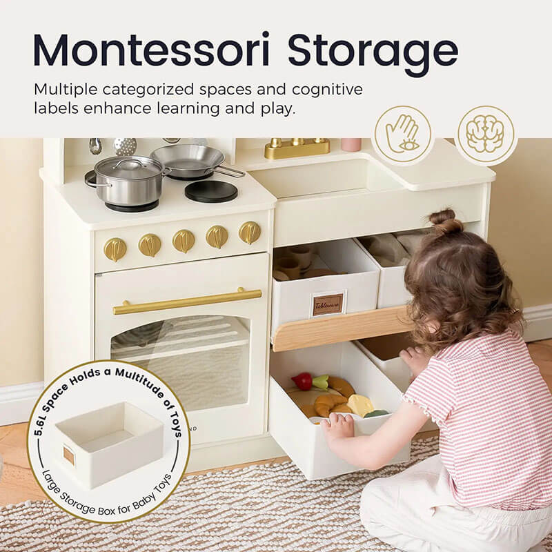 tiny land play kitchen in cream with kid playing