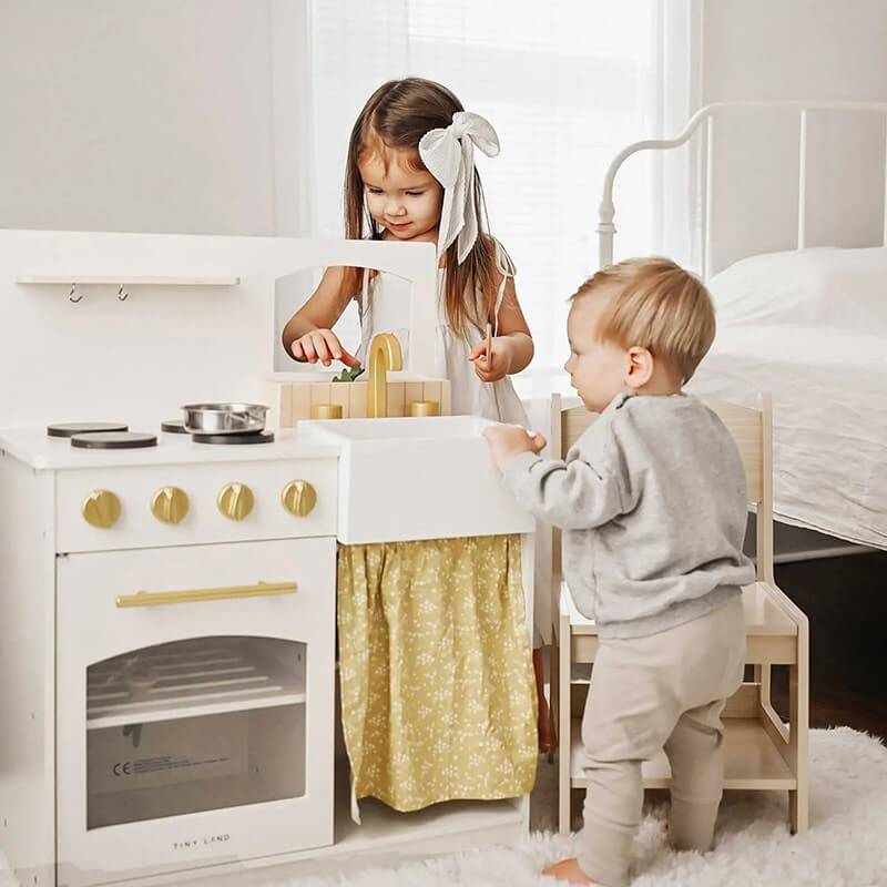 Two Children Playing Tiny Land Honey Kitchenett Playset Faucet