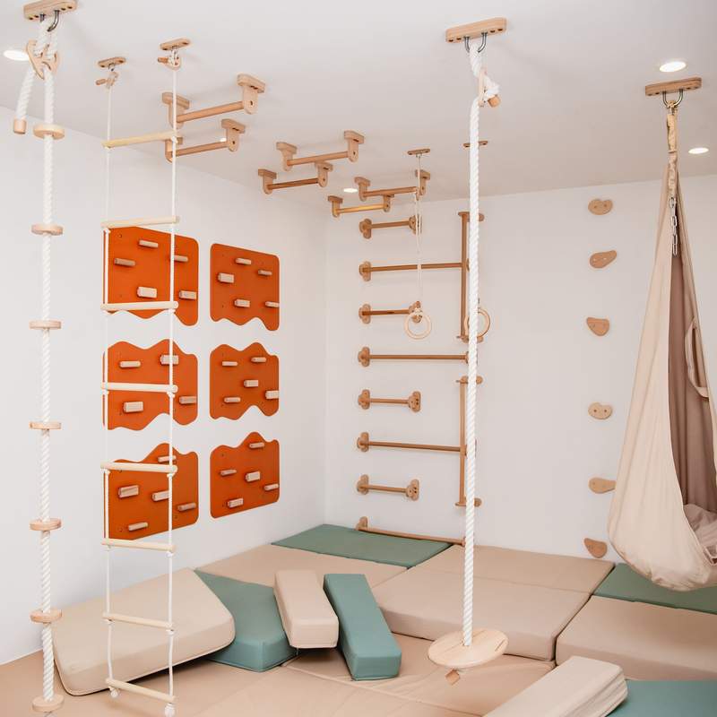 Wall Climbing Gym – Terracotta cloud panels with bars ropes and optional mats