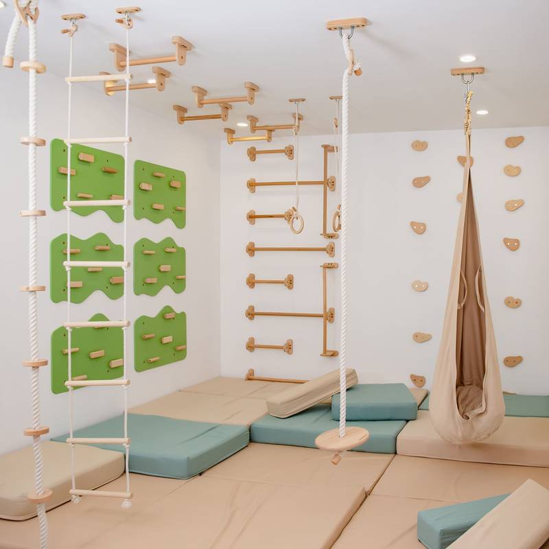 Wall Climbing Gym – Pistachio cloud panels with bars ropes and optional mats