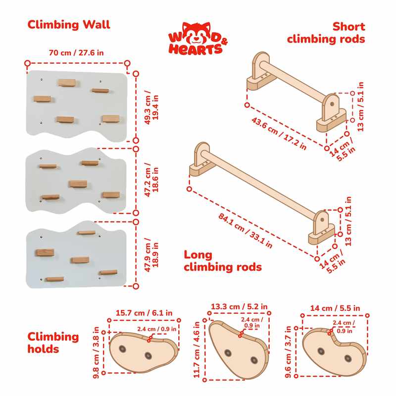 Wall Climbing Gym – cloud panel bars and climbing holds dimension diagrams