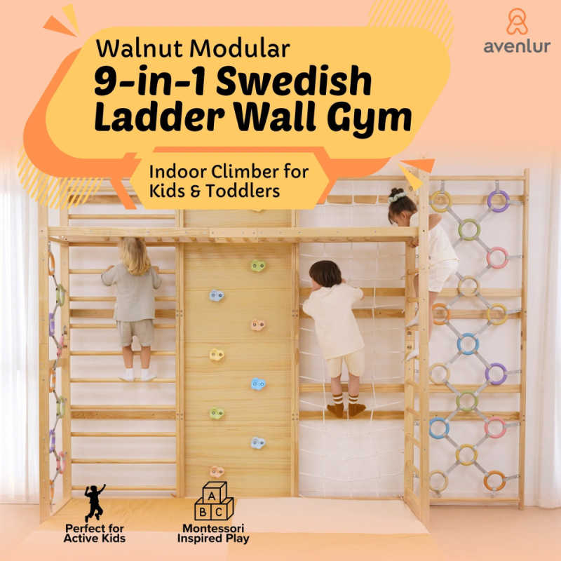 Walnut Modular Swedish Ladder Jungle Gym - 79 Inch Wall Mounted with 2 kids