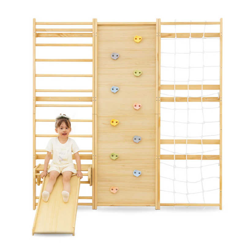 Walnut Modular Swedish Ladder Jungle Gym - 79 Inch Wall Mounted with a girl