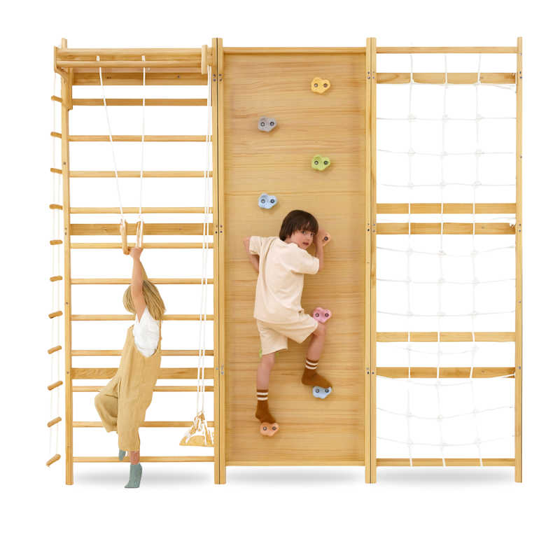 Walnut Modular Swedish Ladder Jungle Gym - 79 Inch Wall Mounted front view