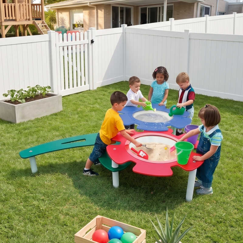 water table in a preschool yard with kids playing.