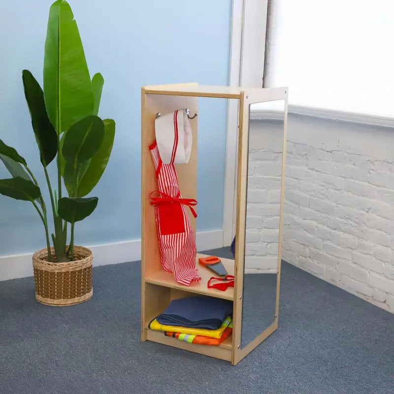 Toddler Dress Up Center WB0880 – Classroom view with dress-up clothing on hooks and the lower shelf