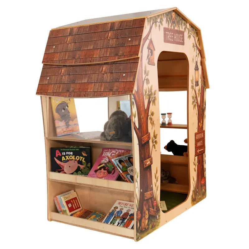 Treehouse Reading Nook - WB1531 – side view with books on the exterior shelves and a clear acrylic window