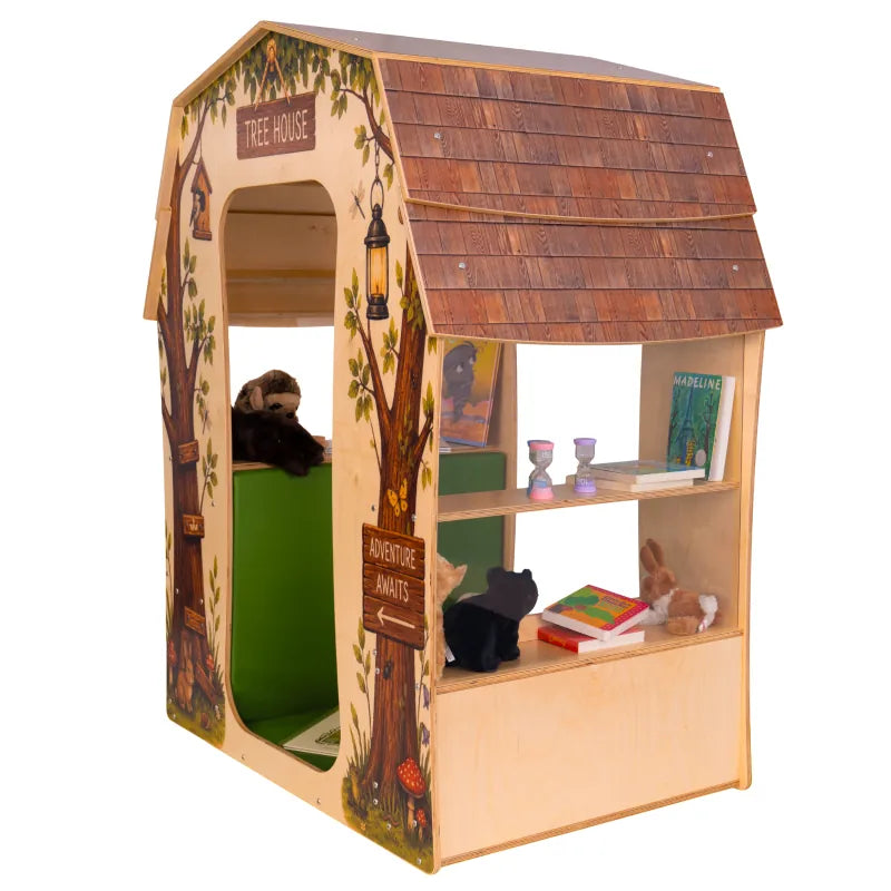 Treehouse Reading Nook - WB1531 – opposite side styled with books and classroom materials on the shelves