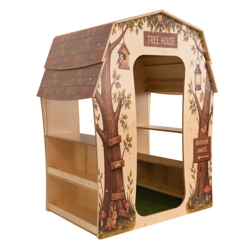 Treehouse Reading Nook - WB1531 – front angle showing the treehouse entrance, shingled-style roof and exterior shelves