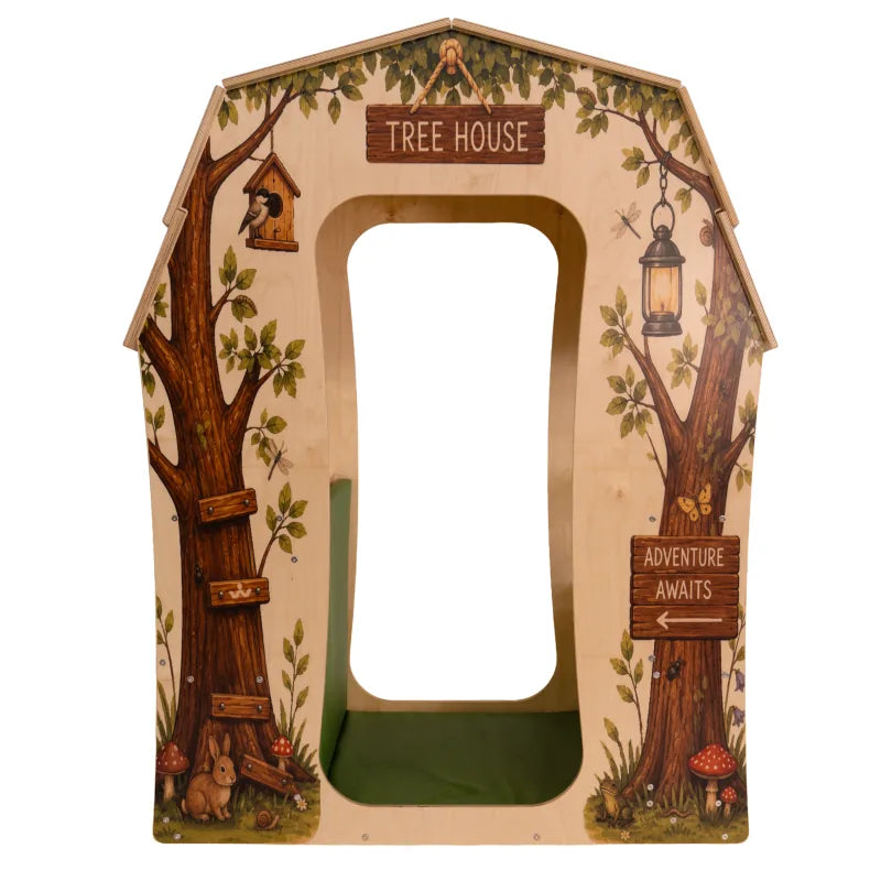 Treehouse Reading Nook - WB1531 – straight-on view of the wide entrance, tree artwork and green cushioned mat