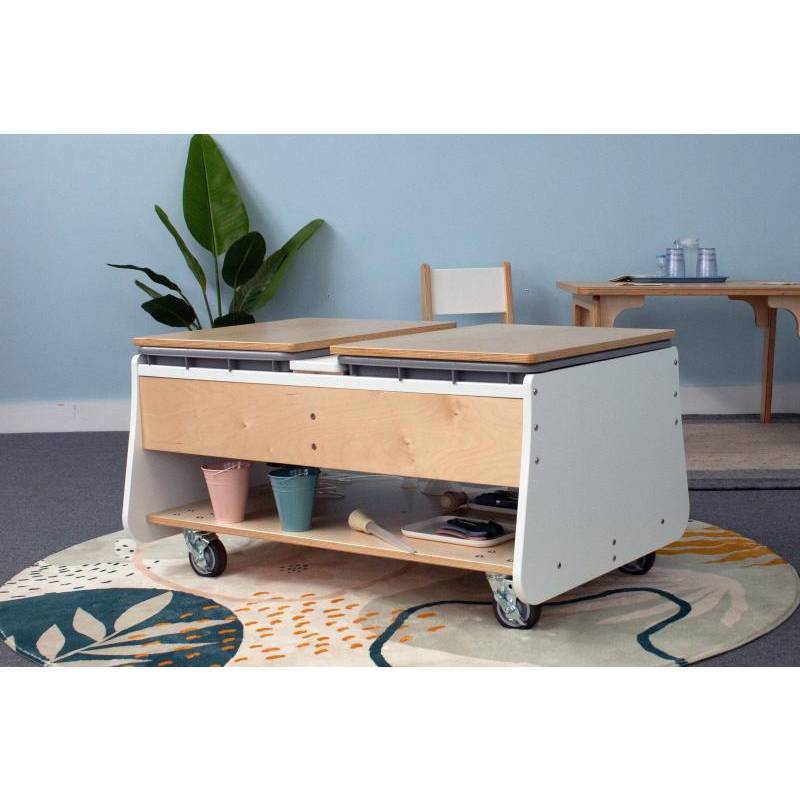 Whitney Brothers Mobile Two Tub Sand and Water Table (WB4048) - both tubs covered between activities in a classroom